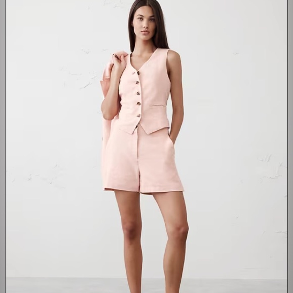 Blush Pink Linen-Blend Tailored Vest & Shorts Set XS